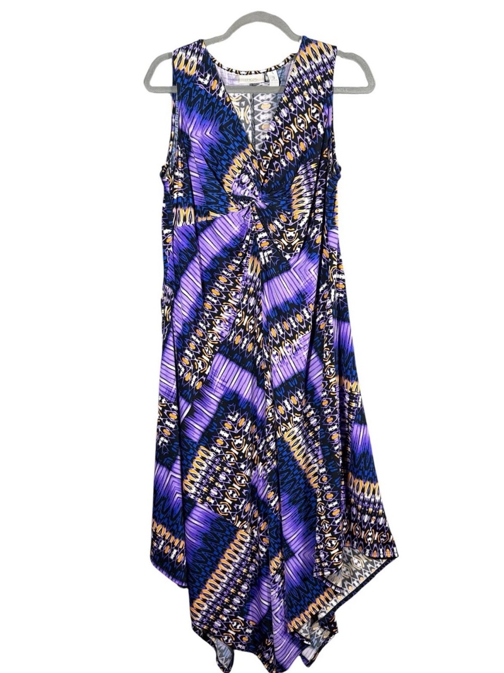Chico’s Size 3 XL Purple Abstract Twist Front Asymmetrical Midi Dress